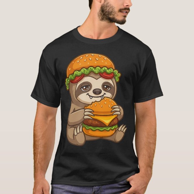 Camiseta Preguiça Fofa Segurando Cheeseburger (Frente)