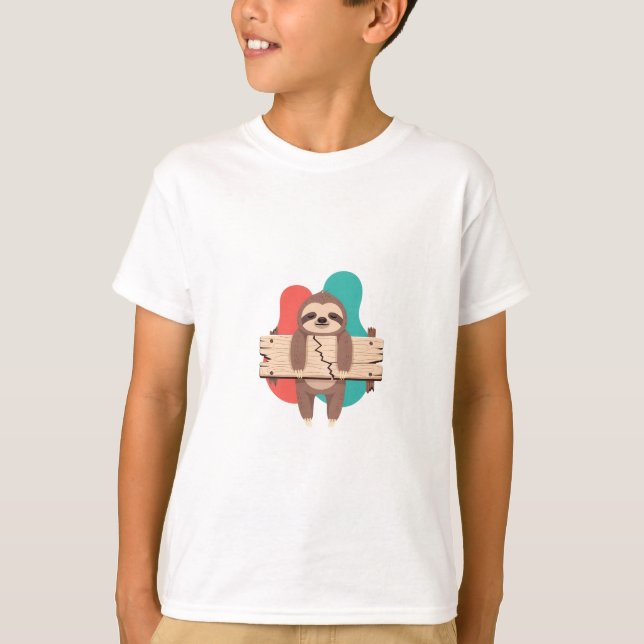 Camiseta Preguiça Pendurada em Tábua de Madeira para Crianç (Frente)