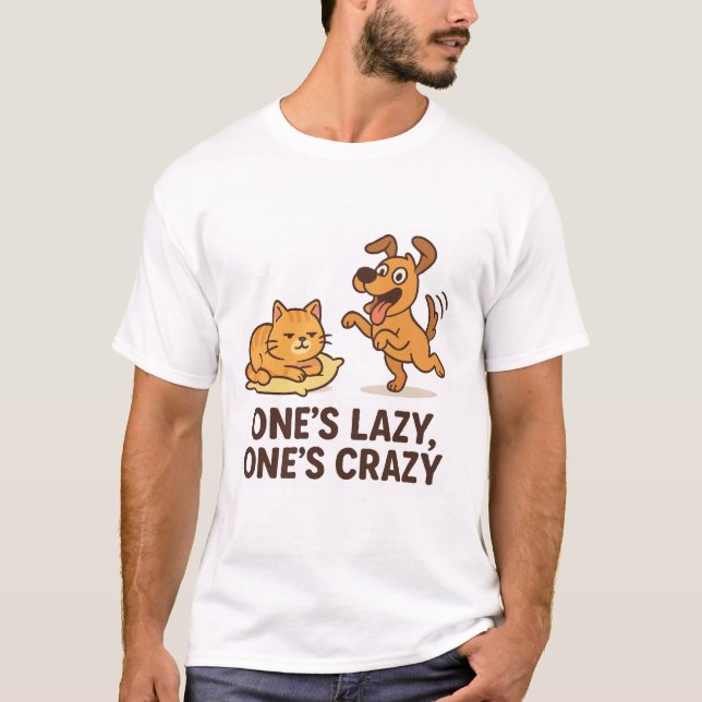 Camiseta Preguiçoso, maluco - Gato Engraçado e Cachorro Duo (Frente)