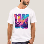 Camiseta Prehistoric  Dream<br><div class="desc">This vibrant,  vaporwave-inspired illustration reimagines a prehistoric world through a bold,  retro-futuristic lens. The artwork is divided into four vertical panels,  finishing with a stylized paint-drip effect at the bottom that gives it a modern,  street-art edge.</div>