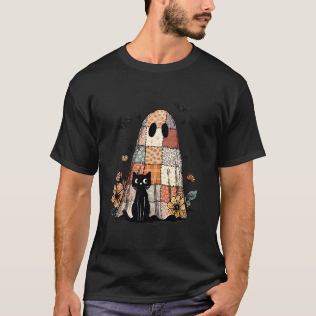 Camiseta Préppy Floral Patchwork Retrô Gato Preto e Fantasm (Frente)