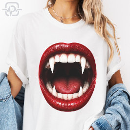 Camiseta Presas de Vampiro Lábios Vermelhos Boca Aberta Hal