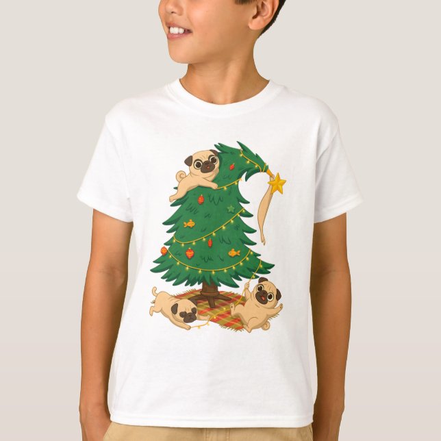 Camiseta Presente Caótico da Árvore de Natal com Pug Engraç (Frente)