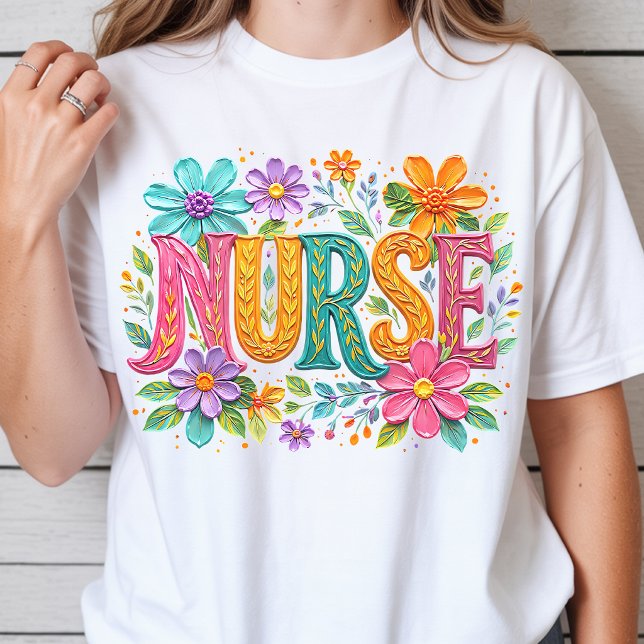 Camiseta Presente Colorido de Flores para Enfermeira Regist (Colorful Floral Nurse Shirt Gift for Registered Nurse, Bright Botanical Nurse Shirt Gift to Coworker)
