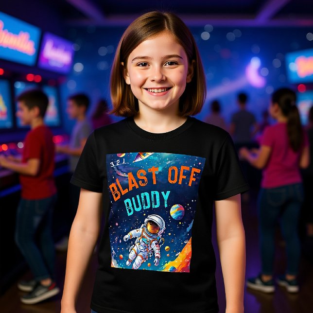 Camiseta Presente de Astronauta Plano de Espaço Profundo Pl (astronaut theme birthday party for kids personalized shirt planets galaxy sky blast off buddy favor)