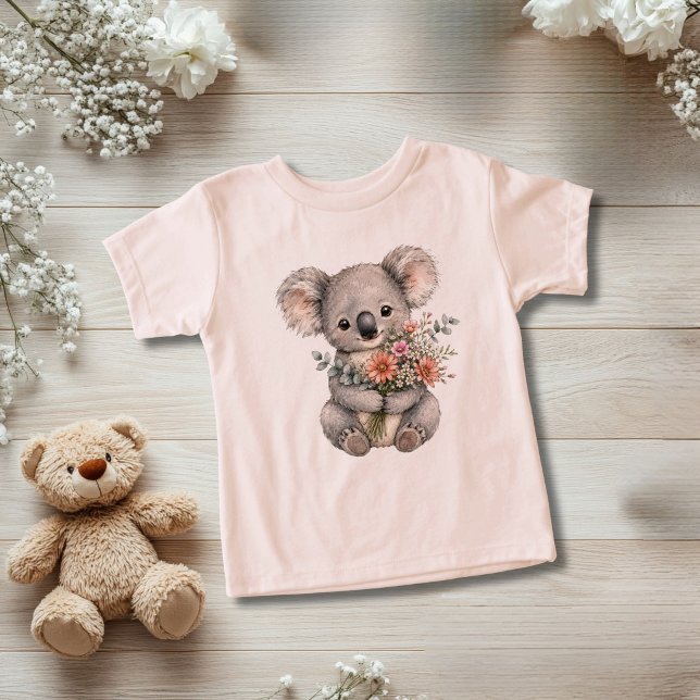 Camiseta Presente de Bebê Menina Urso Koala Bebê Flores Sil (Baby Koala Bear with Wildflowers Toddler Baby T-shirt. Also available as baby body suit)
