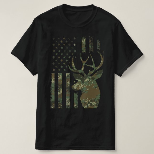Camiseta Presente de caça à galeria da Camo American Flag B (Frente do Design)