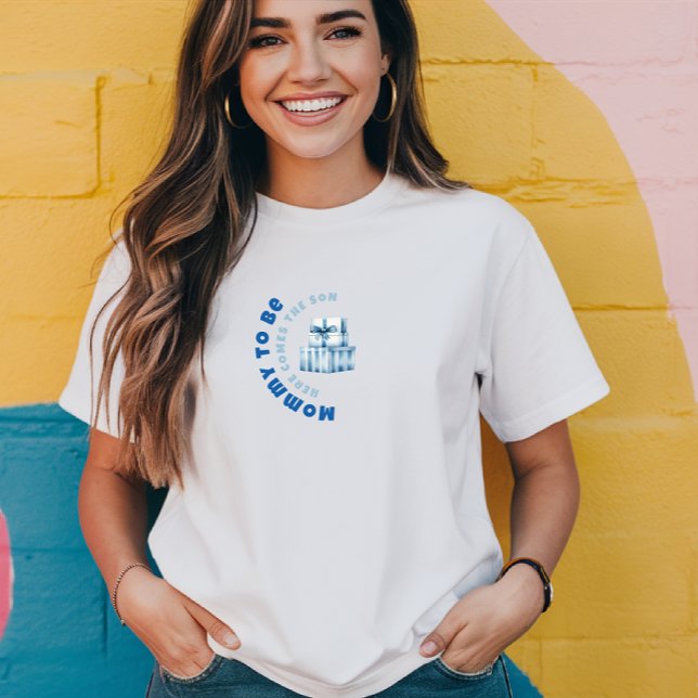 Camiseta Presente de chá de bebê azul e branco para menino (Criador carregado)