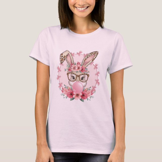 Camiseta Presente de Coelho Floral Fofo de Páscoa Leopardo  (Frente)