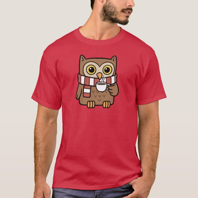 Camiseta Presente de Coruja de Desenho Animado Fofo Bebendo (Frente)