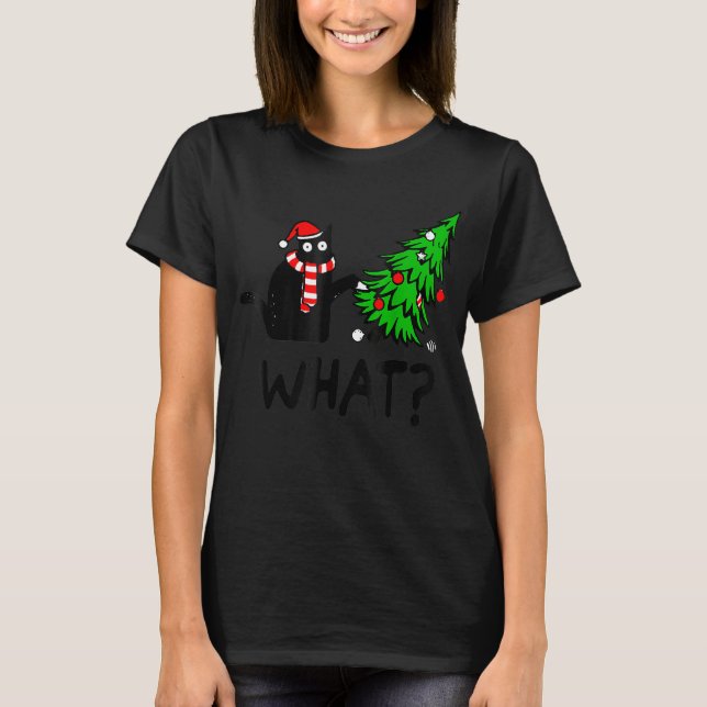 Camiseta Presente de Gato Negro Empurrando Árvore De Natal  (Frente)