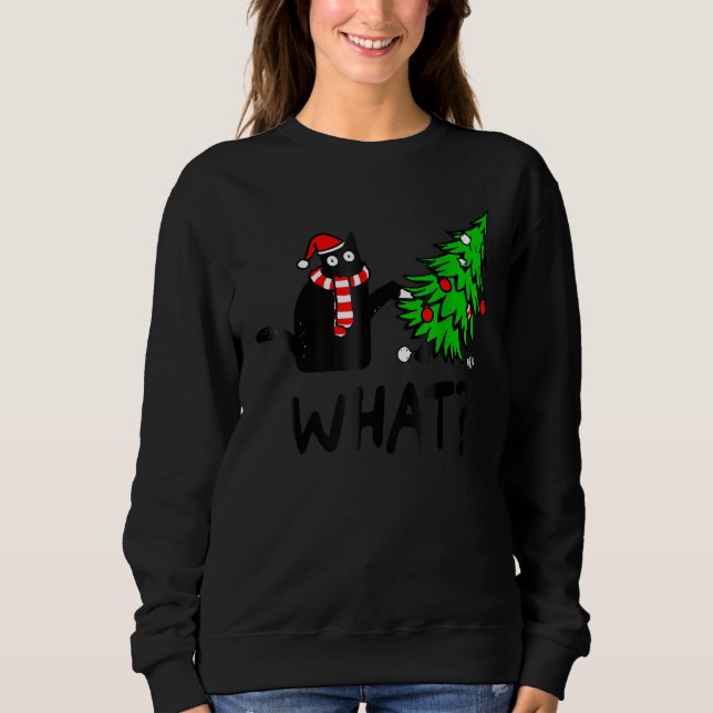 Camiseta Presente de Gato Preto Empurrando Árvore de Natal  (Frente)