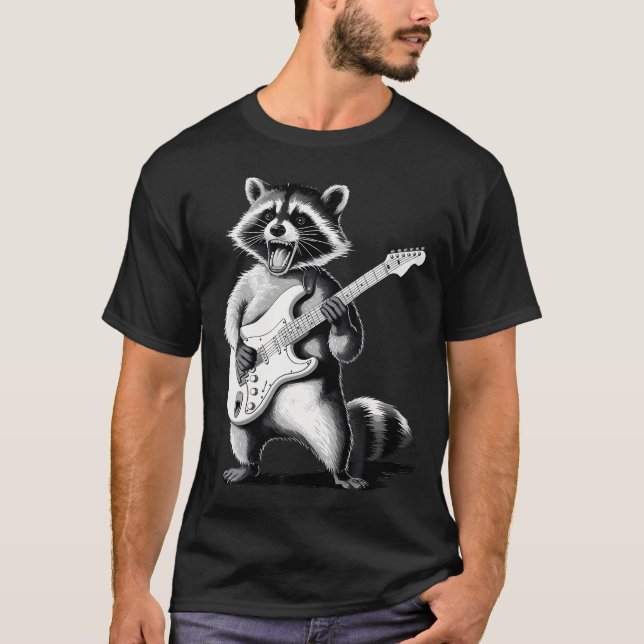 Camiseta Presente de Mapache Tocando Guitarra Rock And Roll (Frente)