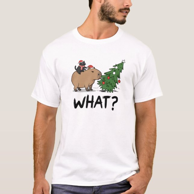 Camiseta Presente de Meme Capivara Gato Preto Natal O QUÊ (Frente)