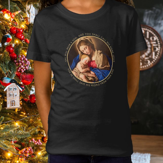 Camiseta Presente de Natal Cristão Madonna e Criança para M (Madonna & Child Christian Christmas t-shirt for girls wit h Bible verse)