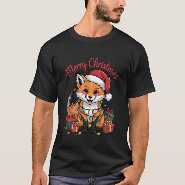 Camiseta Presente de Natal de Raposa com Chapéu de Papai No (Frente)