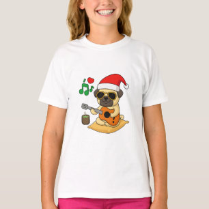 Camiseta Presente de Natal Pug Fofo Tocando Violão
