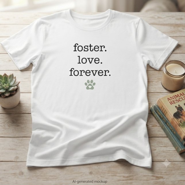 Camiseta Presente de Pegada de Pata do Amor de Adoção de Re (Foster. Love. Forever. tee for animal rescue advocates and pet adoption events.)