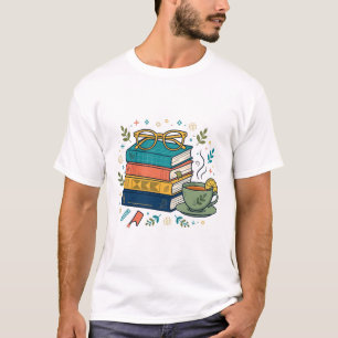 Camiseta Presente de Xícara de Chá e Pilha de Livros Aconch