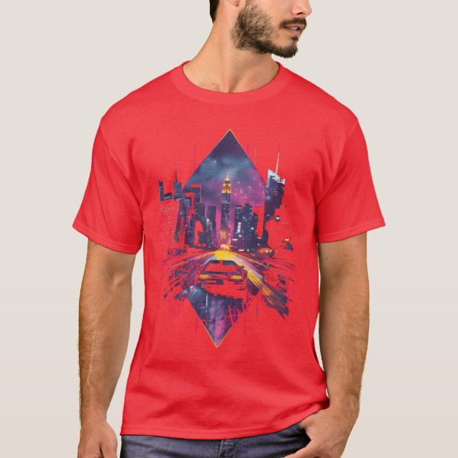 Camiseta Presente do carro retrô Vaporwave Cidade Synthwave (Frente)