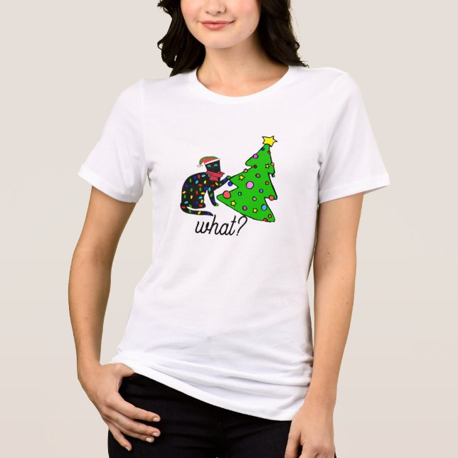 Camiseta Presente engraçado de gato preto derrubando árvore (Frente)
