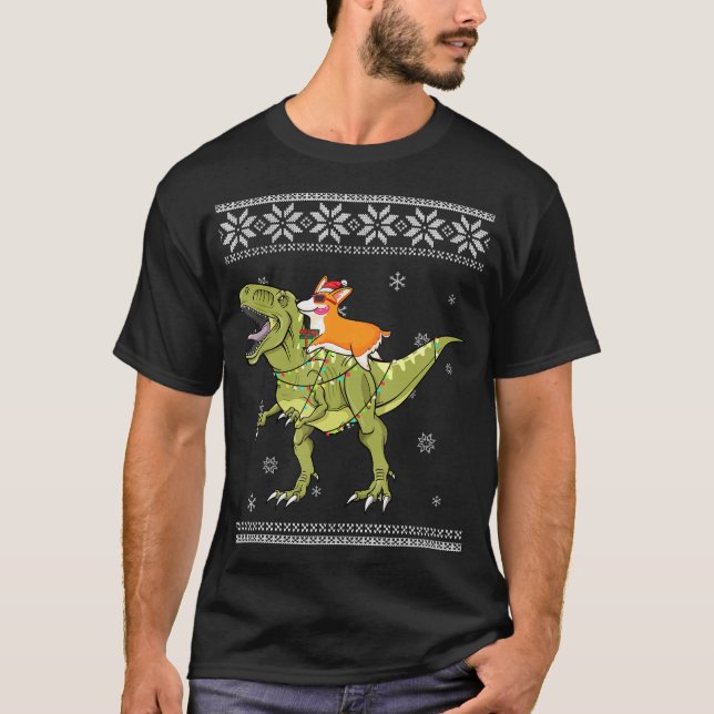Camiseta Presente no cão | Corgi Riding T Rex Dinossaur Nat (Frente)