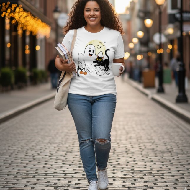 Camiseta Presente no Dia de as Bruxas engraçado Ghost Kitte (Criador carregado)