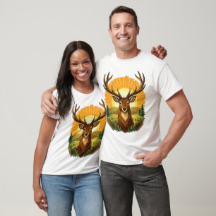 Camiseta Presente para Caçador com Veado e Chifres no Pôr d