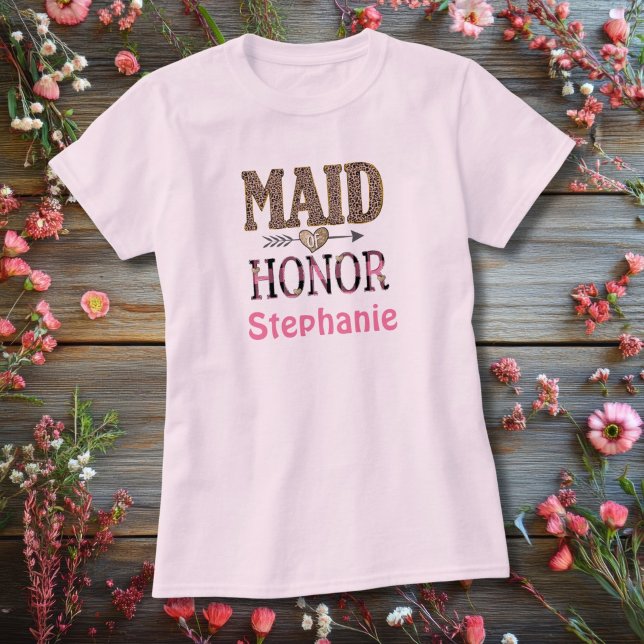 Camiseta Presente Personalizado com Estampa de Leopardo par (Maid of Honor Pink Leopard print Personalized T-shirt)