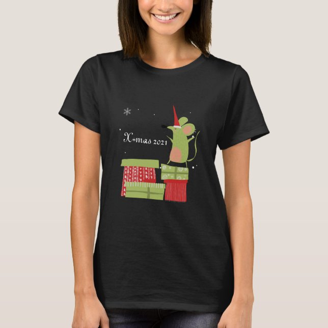 Camiseta Presentes de Natal com uma ilustração fofa do rato (Frente)