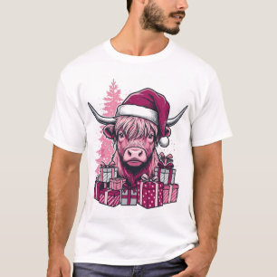 Camiseta Presentes de Natal da Vaca de Terras Altas Rosa Ar