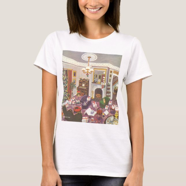 Camiseta Presentes de Natal Vintage embrulhados na Sala de  (Frente)