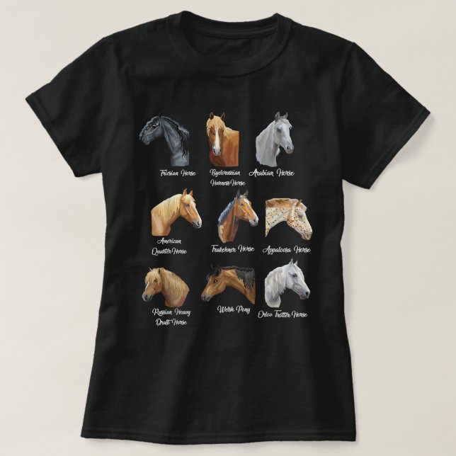 Camiseta Presentes de raças de cavalos para passeios a cava (Frente do Design)