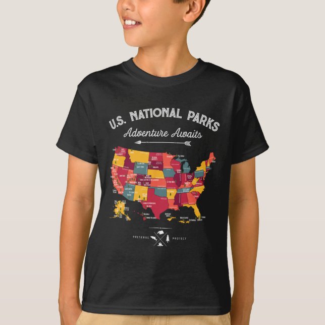 Camiseta Presentes do Mapa dos 62 Parques Nacionais Us Park (Frente)