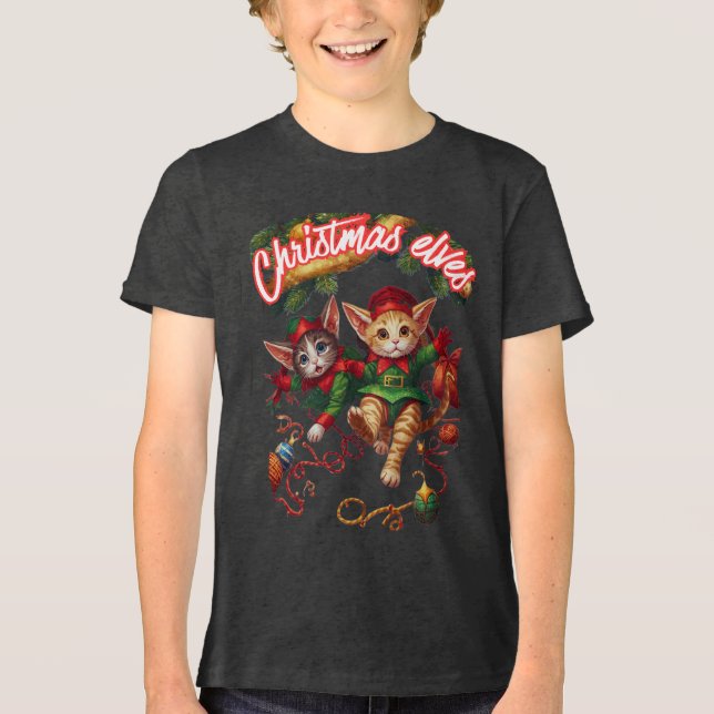 Camiseta Presépio de Natal Bonito Gato Elfo - Presente Perf (Frente)