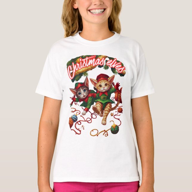 Camiseta Presépio de Natal Fofo com Gatos Elfos - Presente  (Frente)
