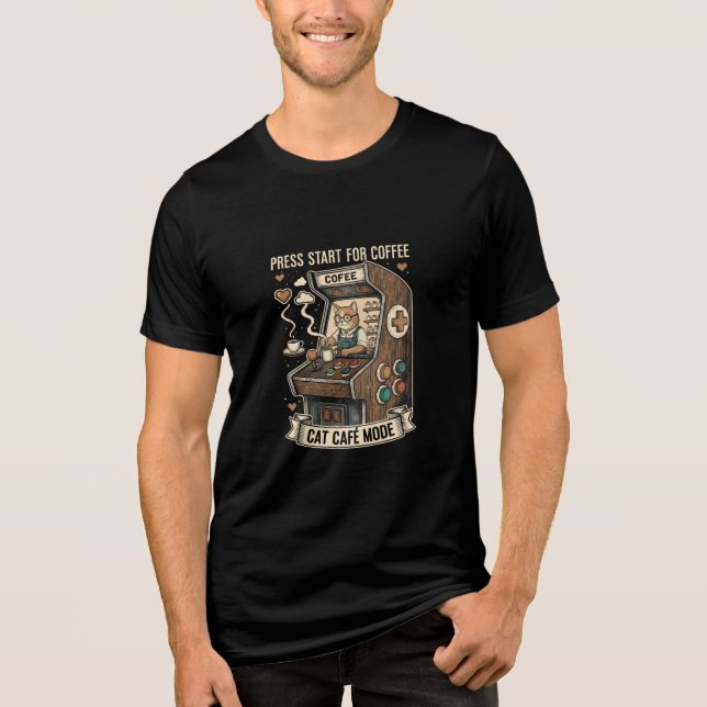 Camiseta Press Start For Coffee Cat Cafe Mode Retro Arcade  (Frente)