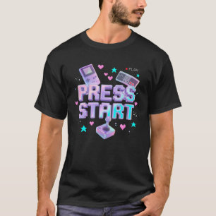Camiseta Pressione Iniciar Jogo Retro Arcade Chrome Y2K 90s