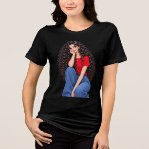 Camiseta Preta com Arte de Garota Estilosa