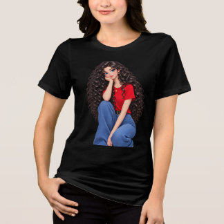 Camiseta Preta com Arte de Garota Estilosa