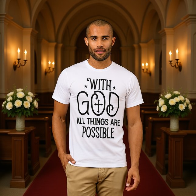 Camiseta Preta com Cruz e 'Com Deus Todas as Coisa (Criador carregado)
