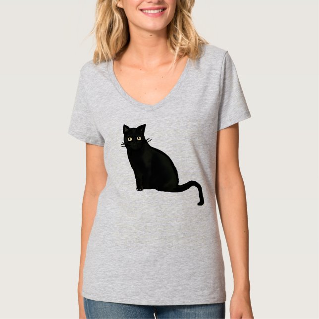 Camiseta preta de gato com decote em V feminino aj (Frente)