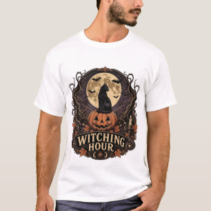 Camiseta Preta de Gato da Hora das Bruxas Hallowee