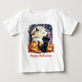 Camiseta Preta de Gato de Halloween Fofa
