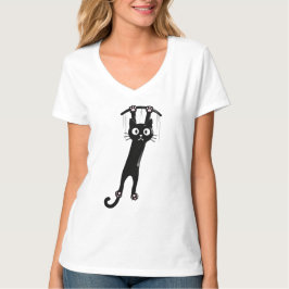 Camiseta Preta de Gato Pendurado Engraçado L