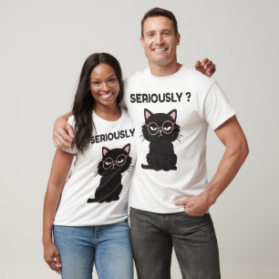 Camiseta Preta de Gato Séria com Óculos Engraçada 