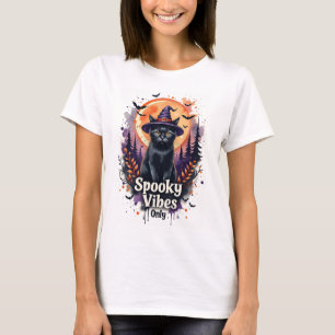 Camiseta preta de Halloween com Gato para Mulheres