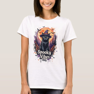 Camiseta preta de Halloween com Gato para Mulheres