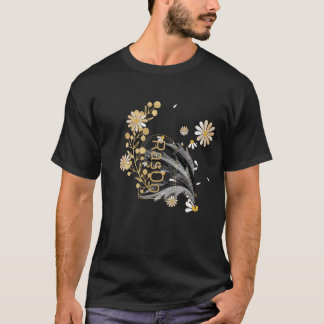 Camiseta Preta de Linha Artística Botânica Floral