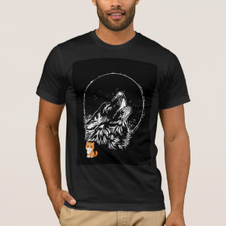 Camiseta preta de lua e lobo design